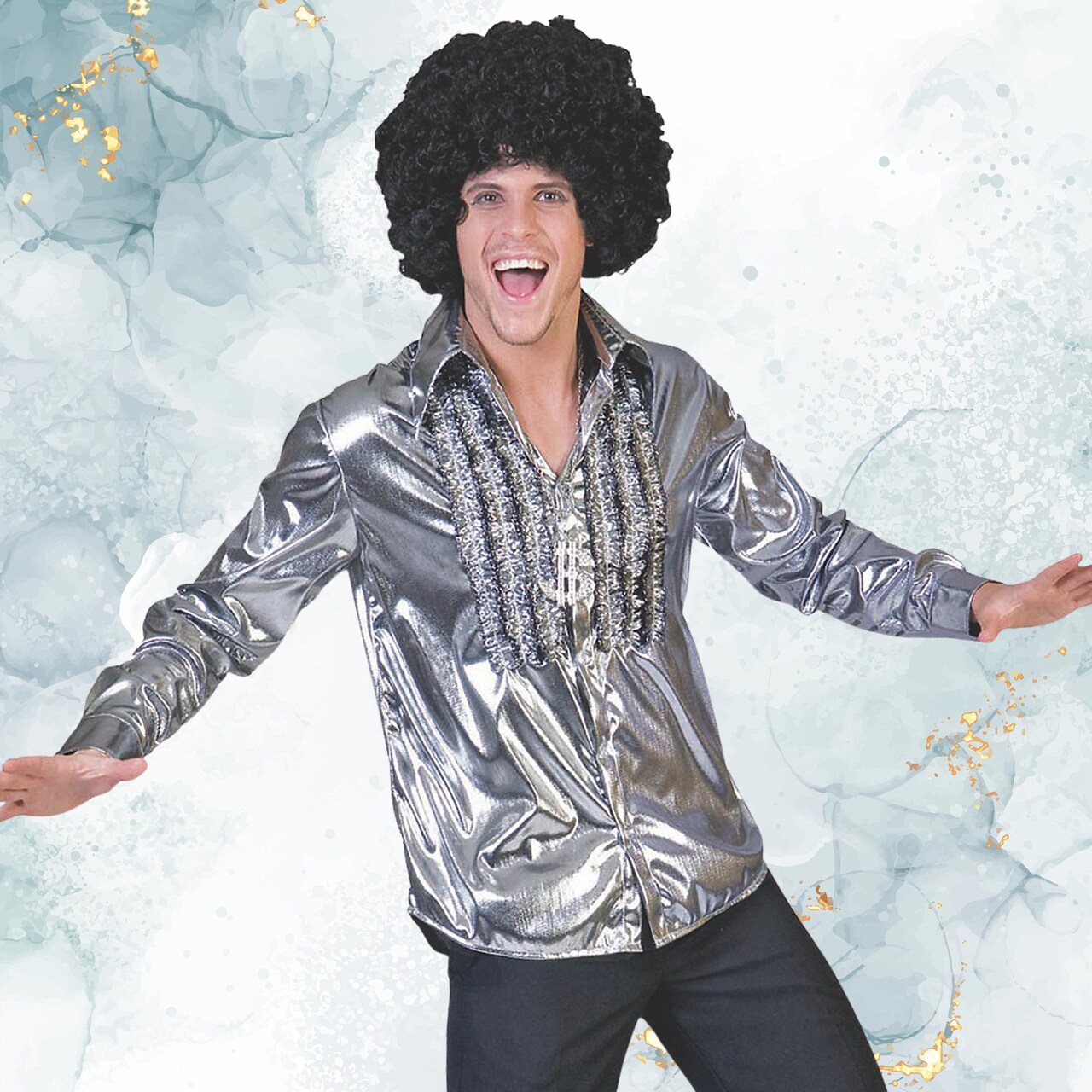 Mens 70s Shirt Silver Ruffle Trim Button Front Retro Disco Costume